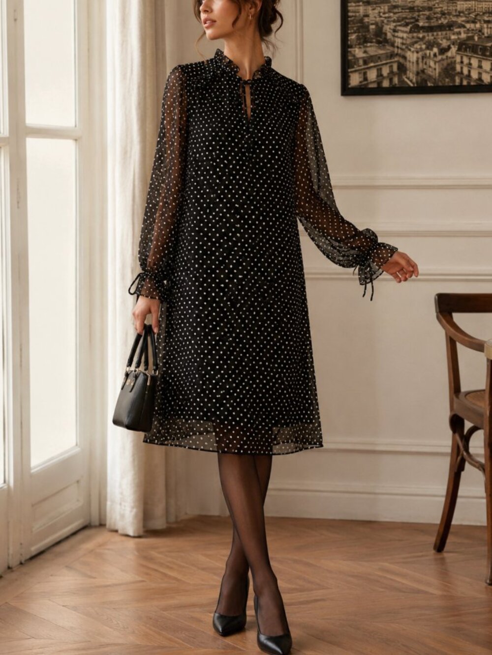 CeCe Black Polka Dot Chiffon Midi Dress XL Sheer Sleeve Ruffle Neck Coquette EUC